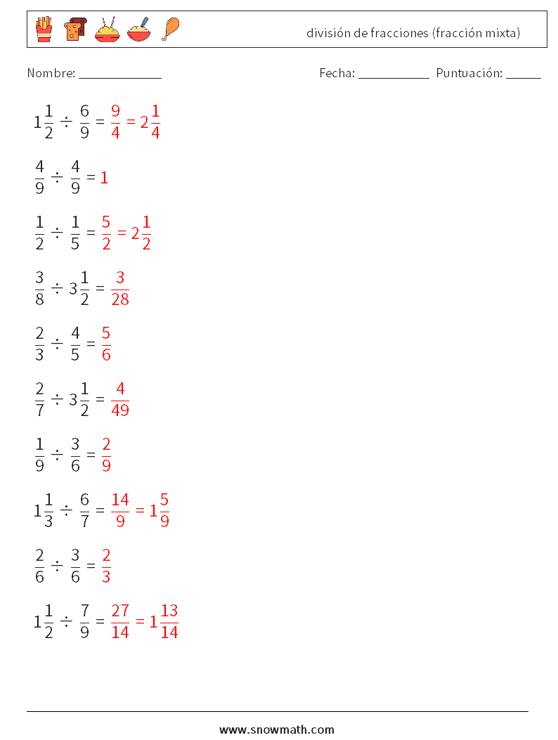 (10) división de fracciones (fracción mixta) Hojas de trabajo de matemáticas 2 Pregunta, respuesta