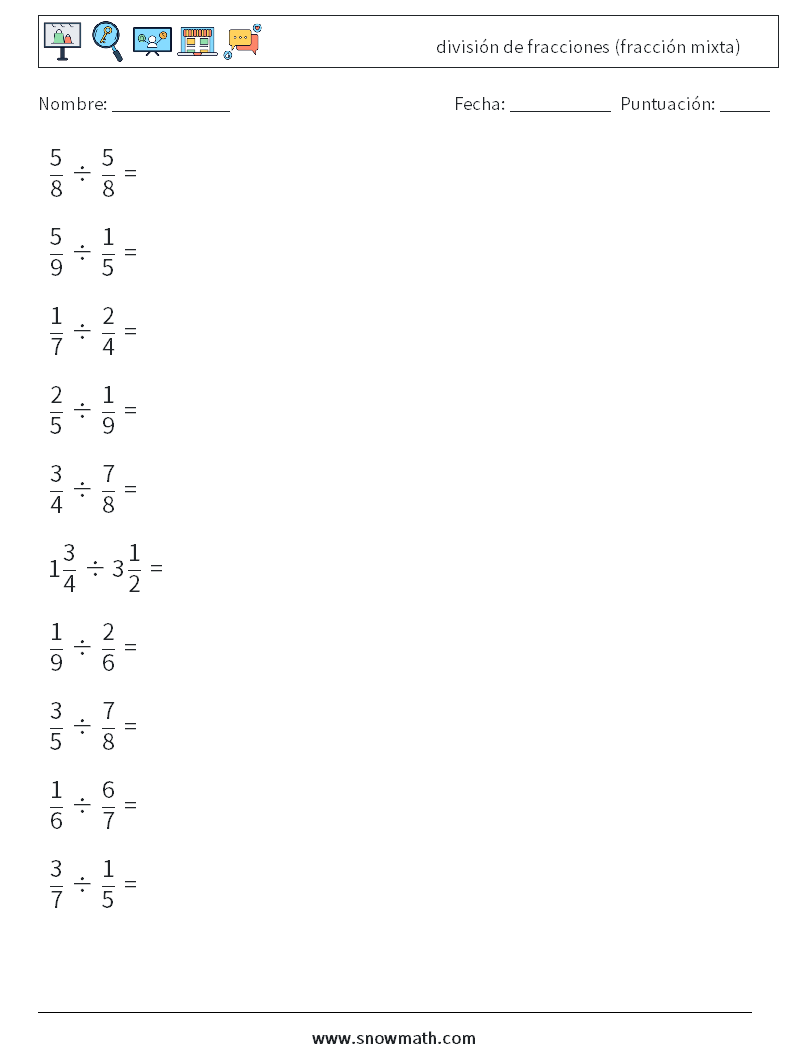 (10) división de fracciones (fracción mixta) Hojas de trabajo de matemáticas 3