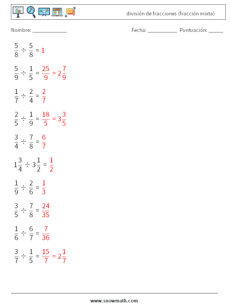 (10) división de fracciones (fracción mixta) Hojas de trabajo de matemáticas 3 Pregunta, respuesta