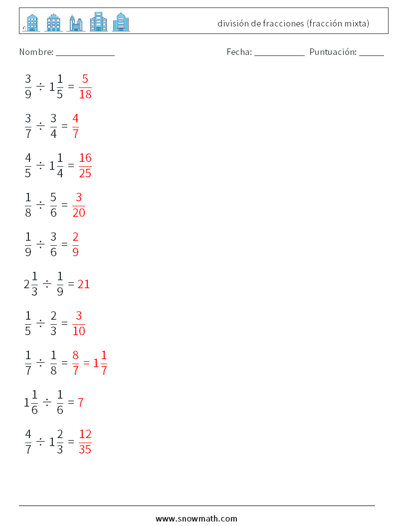 (10) división de fracciones (fracción mixta) Hojas de trabajo de matemáticas 4 Pregunta, respuesta