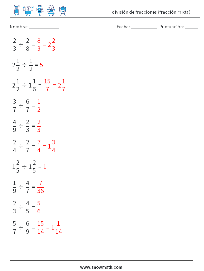 (10) división de fracciones (fracción mixta) Hojas de trabajo de matemáticas 5 Pregunta, respuesta