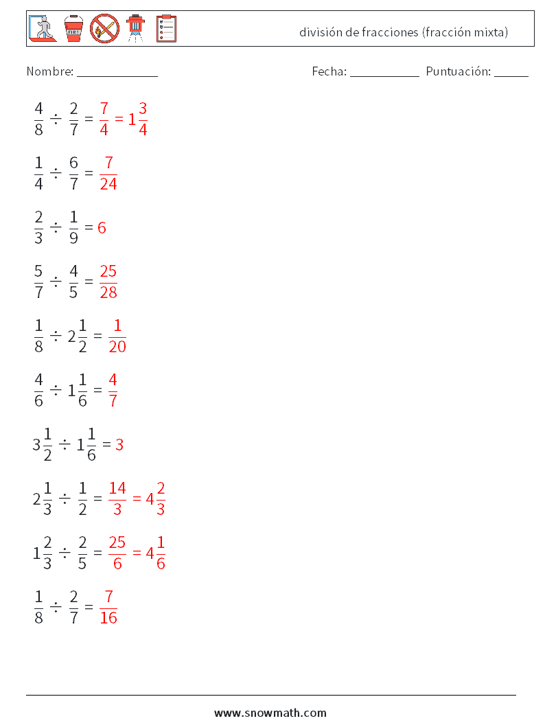 (10) división de fracciones (fracción mixta) Hojas de trabajo de matemáticas 6 Pregunta, respuesta