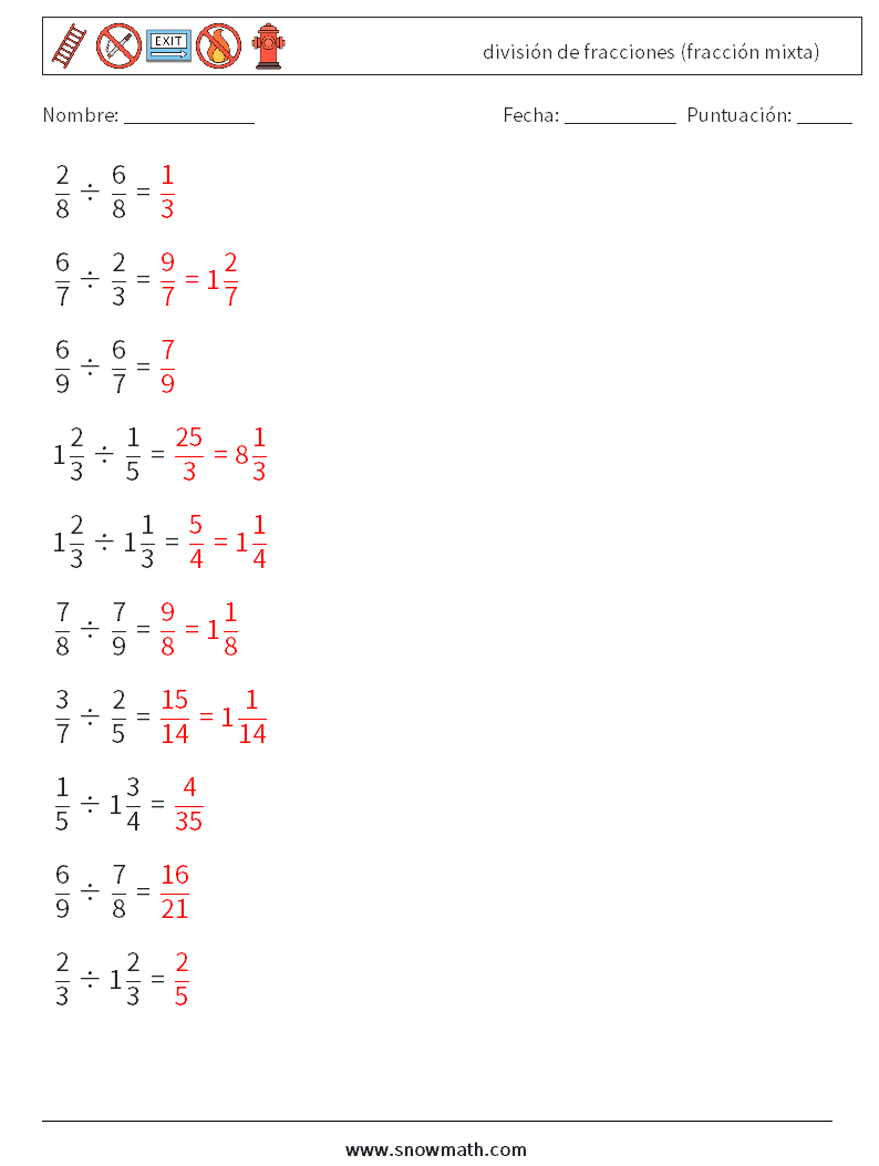 (10) división de fracciones (fracción mixta) Hojas de trabajo de matemáticas 7 Pregunta, respuesta