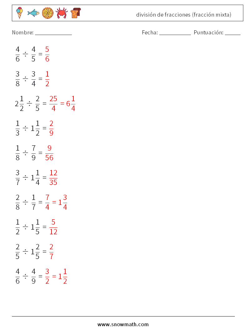 (10) división de fracciones (fracción mixta) Hojas de trabajo de matemáticas 8 Pregunta, respuesta