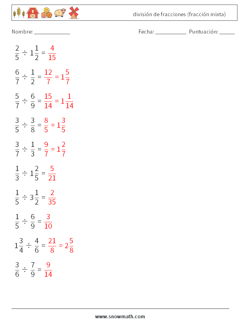 (10) división de fracciones (fracción mixta) Hojas de trabajo de matemáticas 9 Pregunta, respuesta