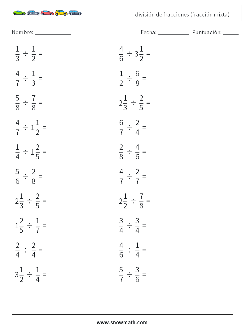 (20) división de fracciones (fracción mixta) Hojas de trabajo de matemáticas 1