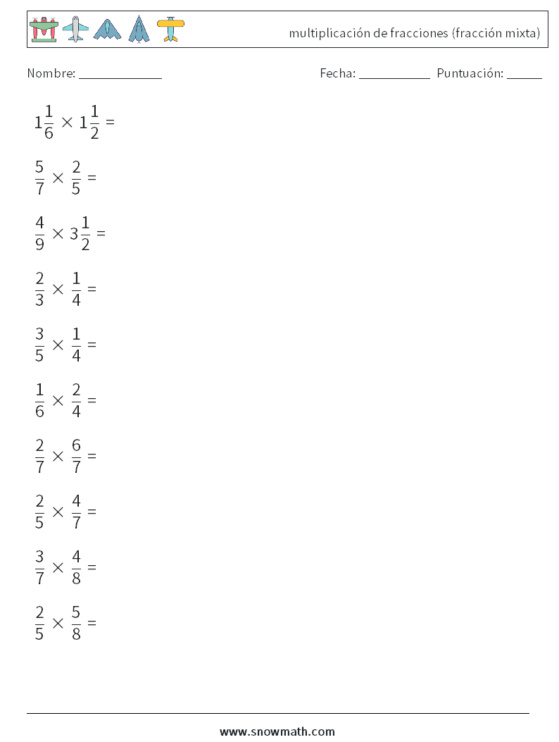 (10) multiplicación de fracciones (fracción mixta) Hojas de trabajo de matemáticas 1