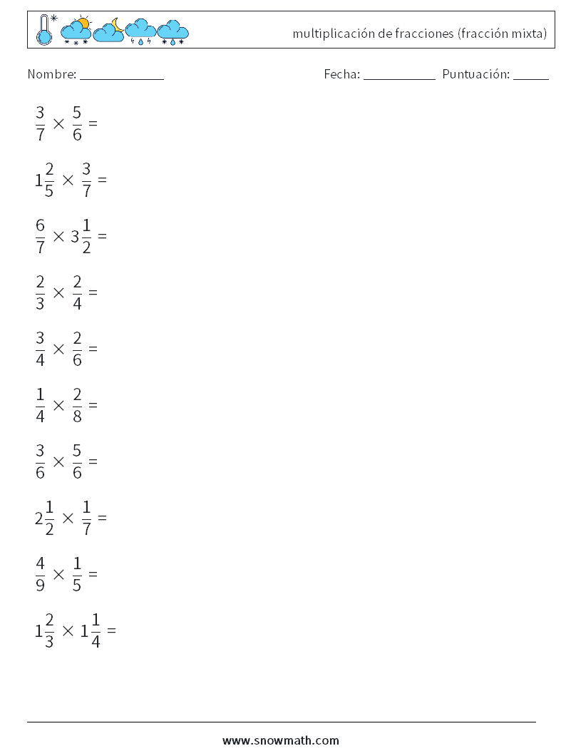 (10) multiplicación de fracciones (fracción mixta) Hojas de trabajo de matemáticas 10