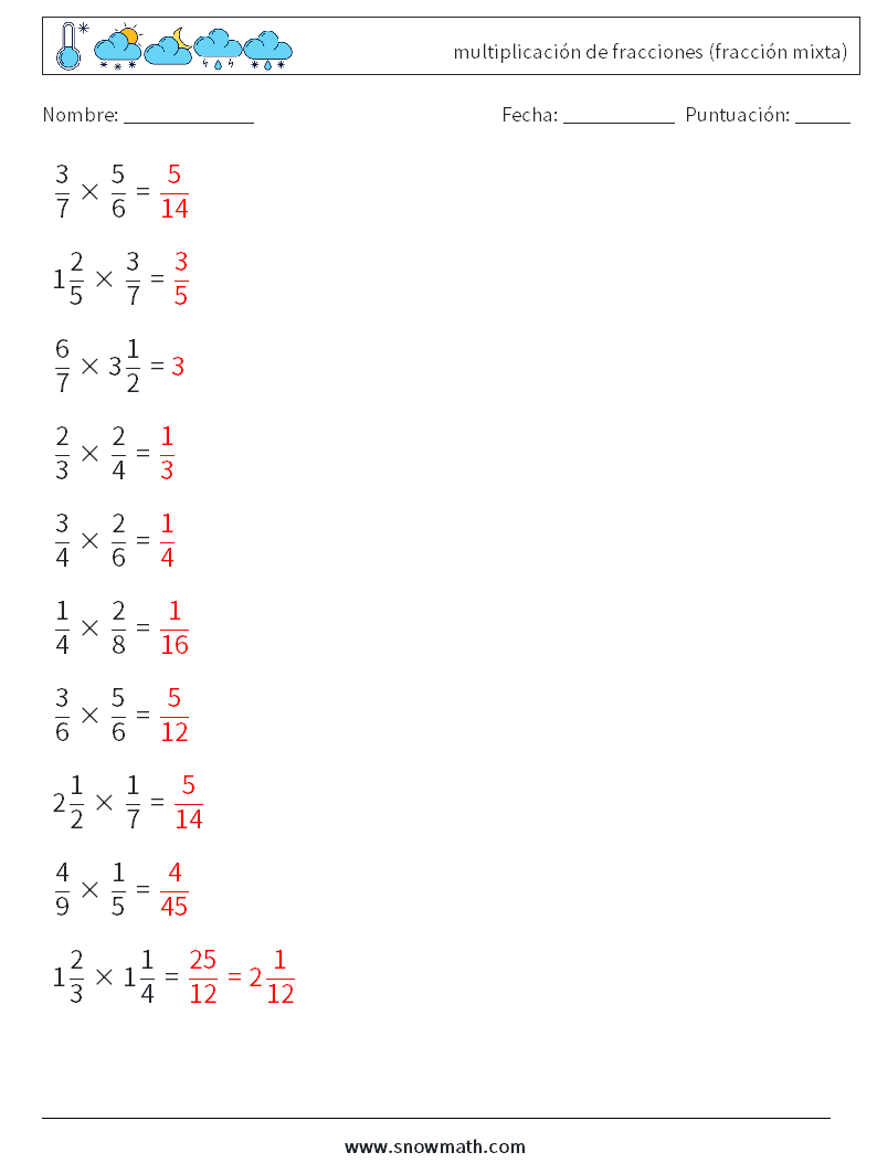 (10) multiplicación de fracciones (fracción mixta) Hojas de trabajo de matemáticas 10 Pregunta, respuesta