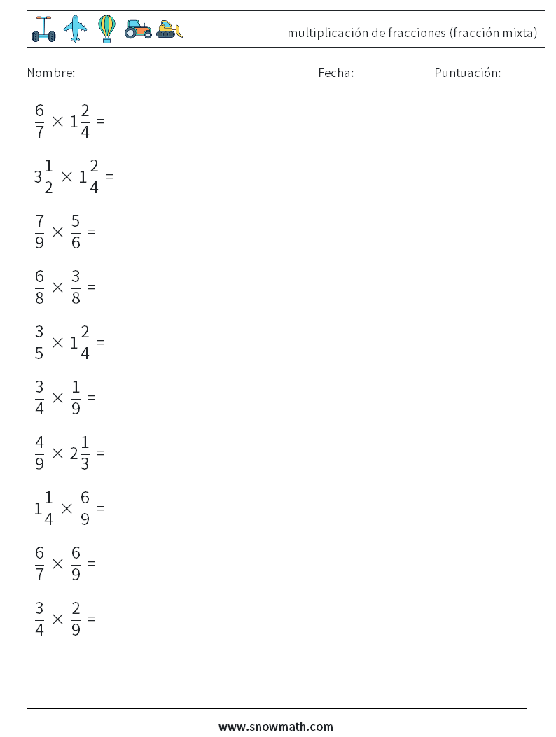 (10) multiplicación de fracciones (fracción mixta) Hojas de trabajo de matemáticas 12