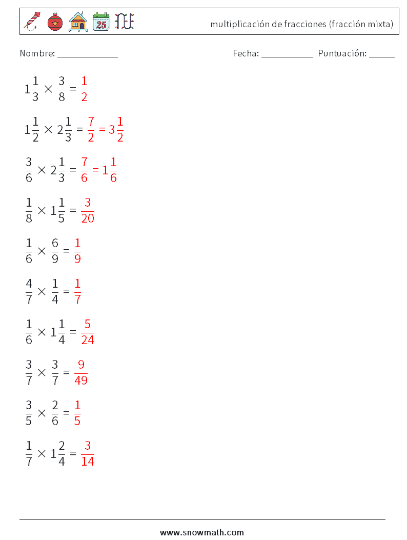 (10) multiplicación de fracciones (fracción mixta) Hojas de trabajo de matemáticas 13 Pregunta, respuesta