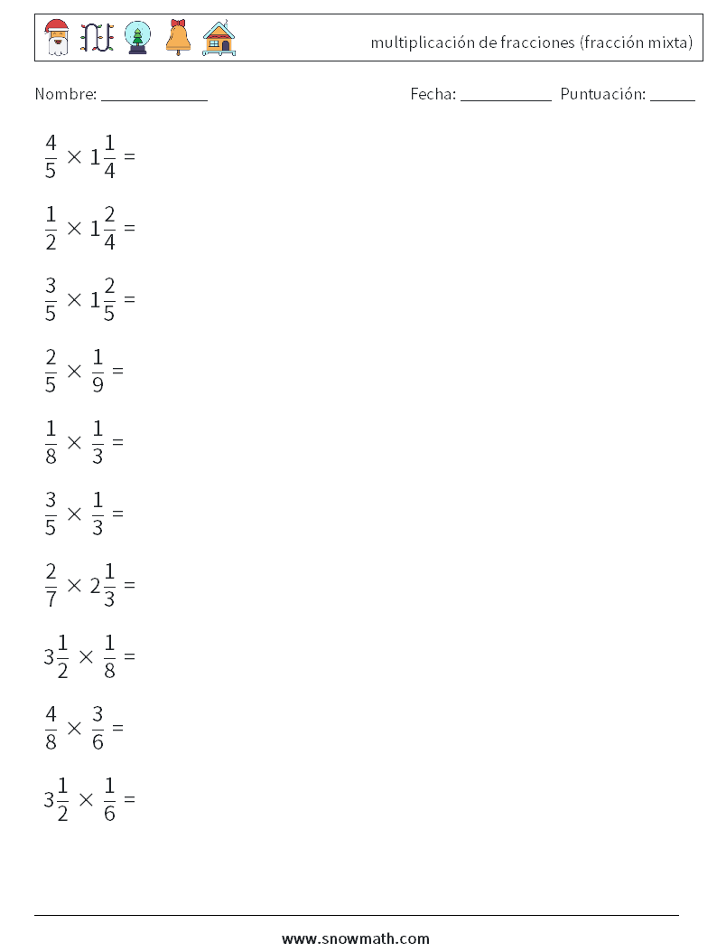 (10) multiplicación de fracciones (fracción mixta) Hojas de trabajo de matemáticas 14