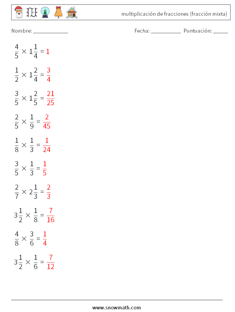 (10) multiplicación de fracciones (fracción mixta) Hojas de trabajo de matemáticas 14 Pregunta, respuesta