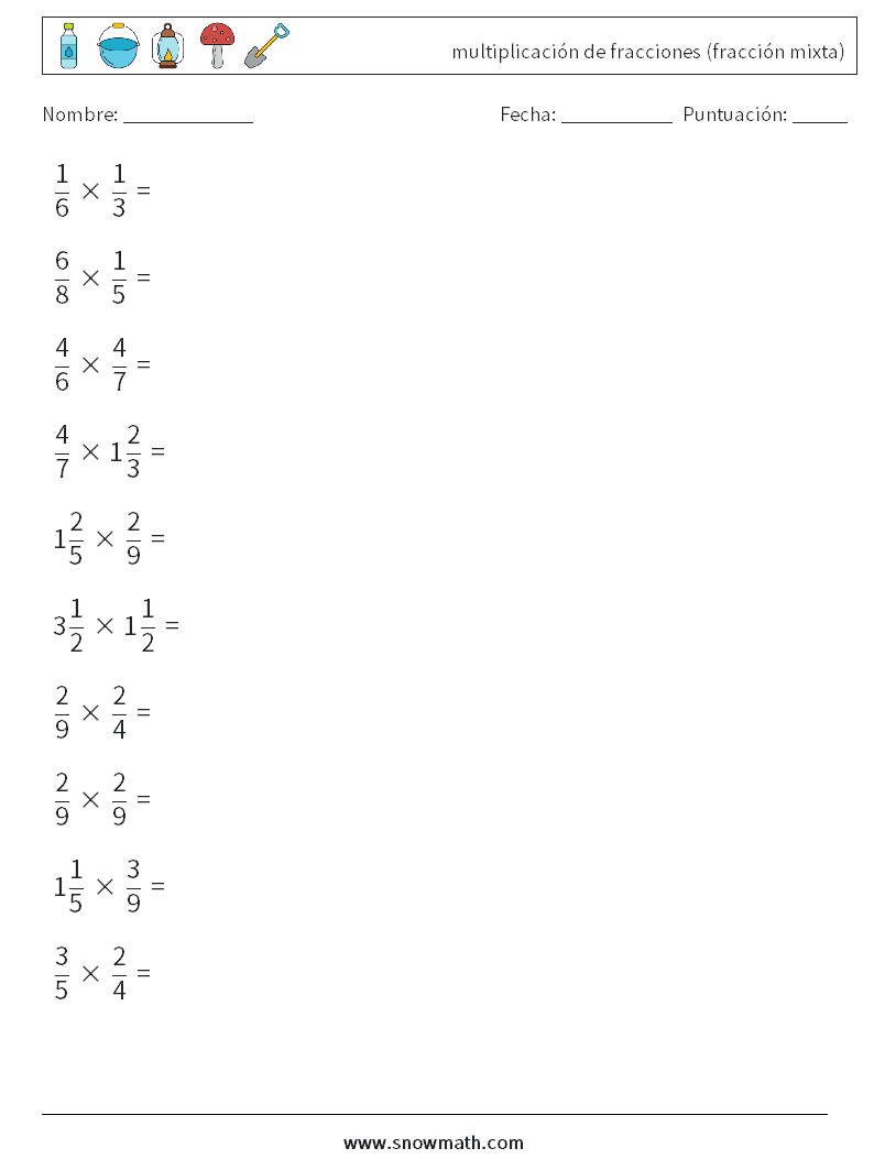 (10) multiplicación de fracciones (fracción mixta) Hojas de trabajo de matemáticas 15