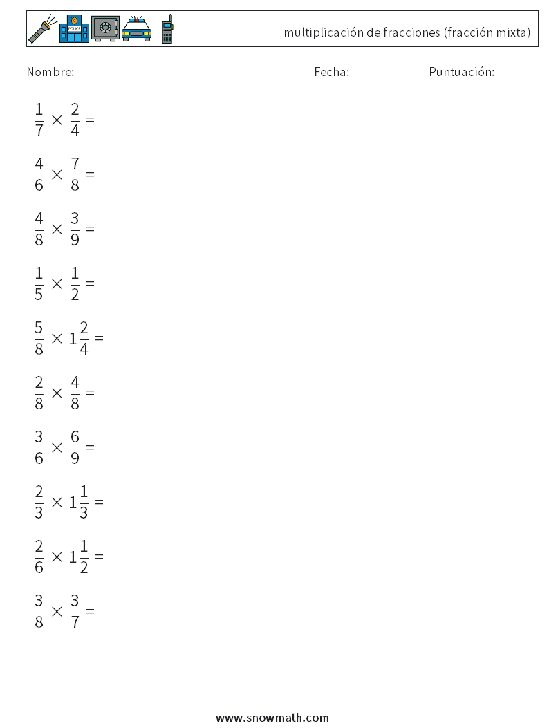 (10) multiplicación de fracciones (fracción mixta) Hojas de trabajo de matemáticas 16