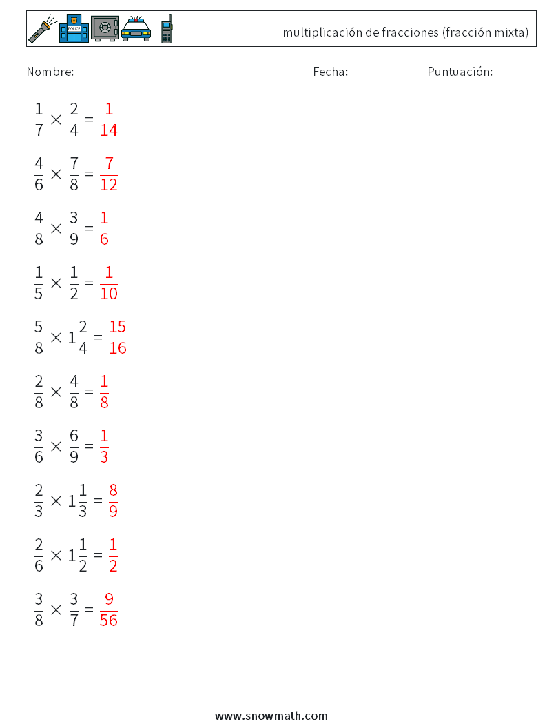 (10) multiplicación de fracciones (fracción mixta) Hojas de trabajo de matemáticas 16 Pregunta, respuesta