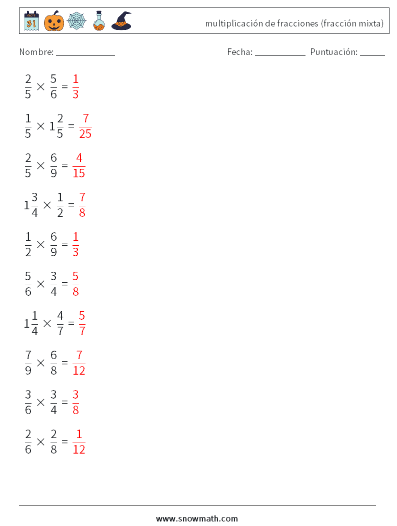 (10) multiplicación de fracciones (fracción mixta) Hojas de trabajo de matemáticas 18 Pregunta, respuesta