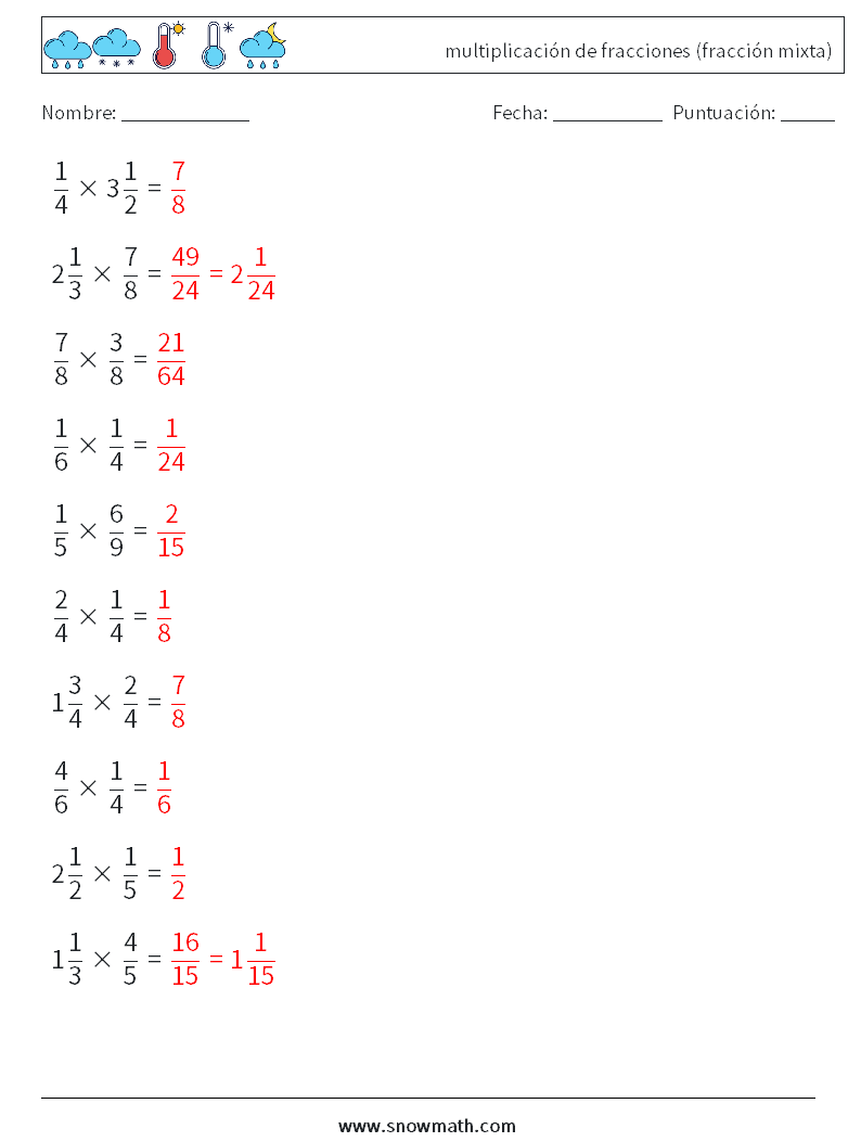 (10) multiplicación de fracciones (fracción mixta) Hojas de trabajo de matemáticas 3 Pregunta, respuesta