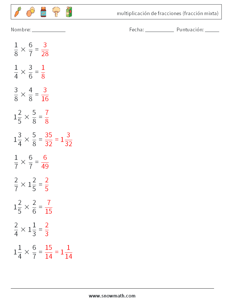 (10) multiplicación de fracciones (fracción mixta) Hojas de trabajo de matemáticas 4 Pregunta, respuesta