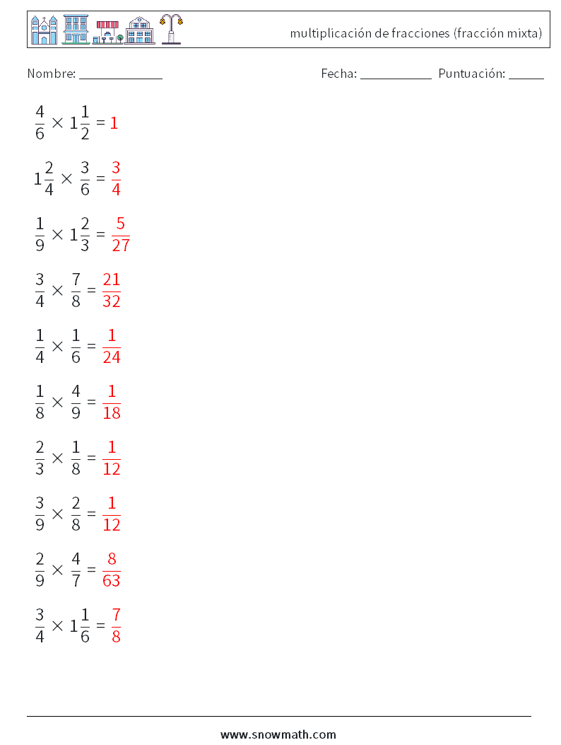 (10) multiplicación de fracciones (fracción mixta) Hojas de trabajo de matemáticas 6 Pregunta, respuesta