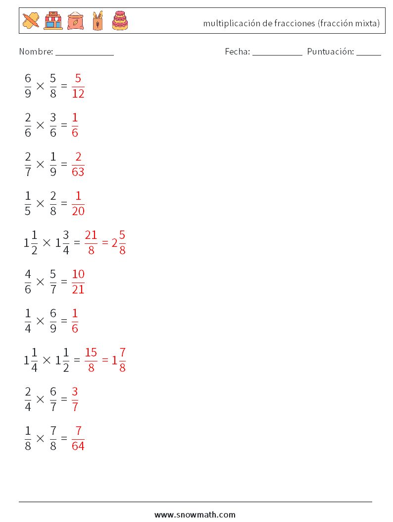 (10) multiplicación de fracciones (fracción mixta) Hojas de trabajo de matemáticas 7 Pregunta, respuesta