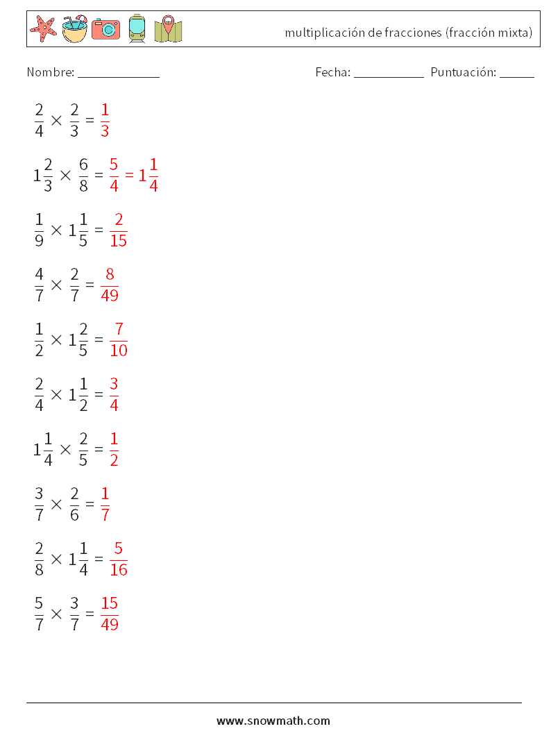 (10) multiplicación de fracciones (fracción mixta) Hojas de trabajo de matemáticas 8 Pregunta, respuesta