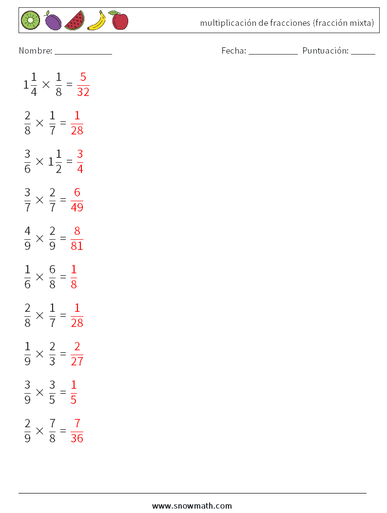 (10) multiplicación de fracciones (fracción mixta) Hojas de trabajo de matemáticas 9 Pregunta, respuesta