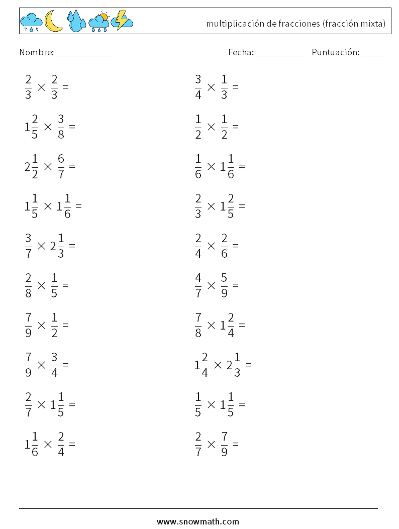 (20) multiplicación de fracciones (fracción mixta) Hojas de trabajo de matemáticas 1