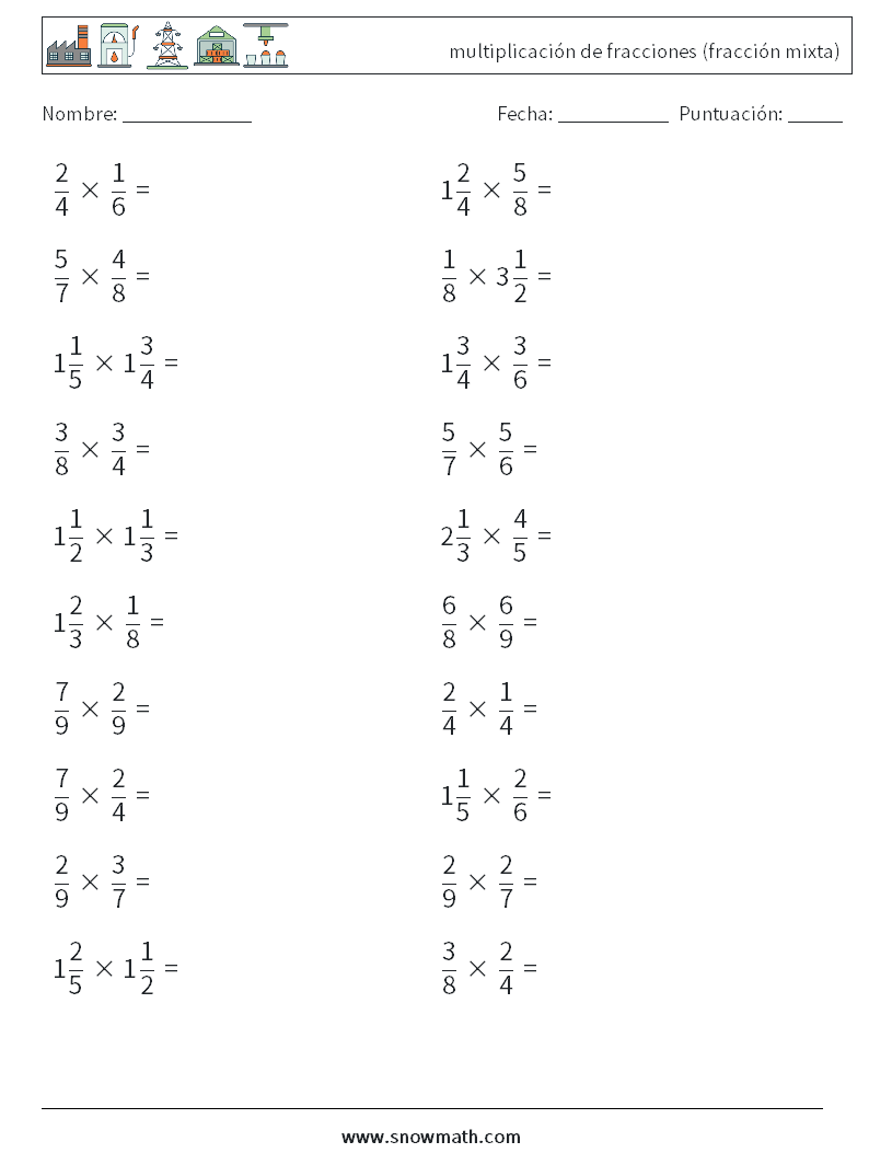 (20) multiplicación de fracciones (fracción mixta) Hojas de trabajo de matemáticas 10