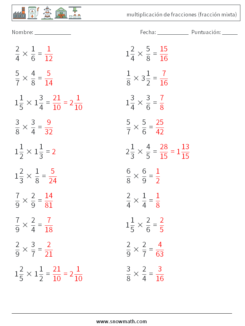 (20) multiplicación de fracciones (fracción mixta) Hojas de trabajo de matemáticas 10 Pregunta, respuesta