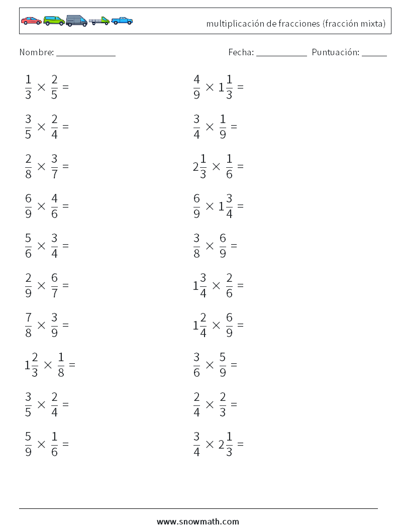 (20) multiplicación de fracciones (fracción mixta) Hojas de trabajo de matemáticas 11