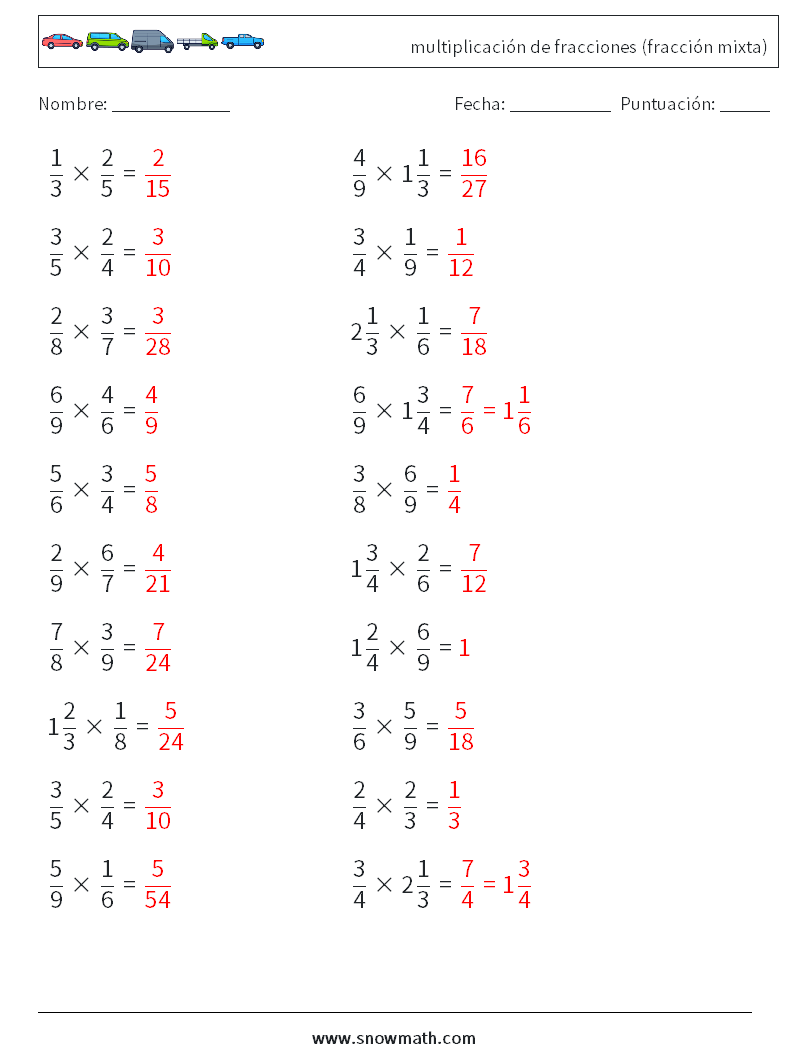 (20) multiplicación de fracciones (fracción mixta) Hojas de trabajo de matemáticas 11 Pregunta, respuesta