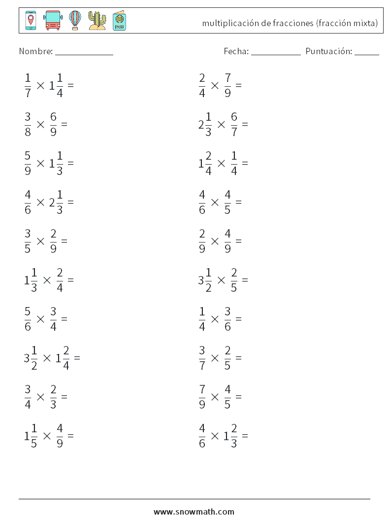 (20) multiplicación de fracciones (fracción mixta) Hojas de trabajo de matemáticas 12