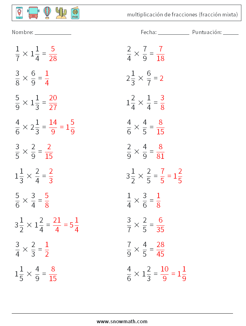 (20) multiplicación de fracciones (fracción mixta) Hojas de trabajo de matemáticas 12 Pregunta, respuesta