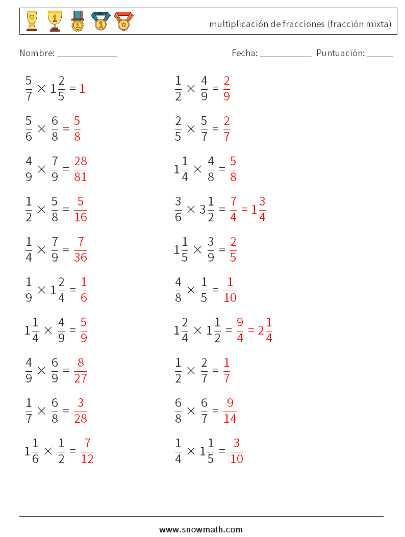 (20) multiplicación de fracciones (fracción mixta) Hojas de trabajo de matemáticas 13 Pregunta, respuesta