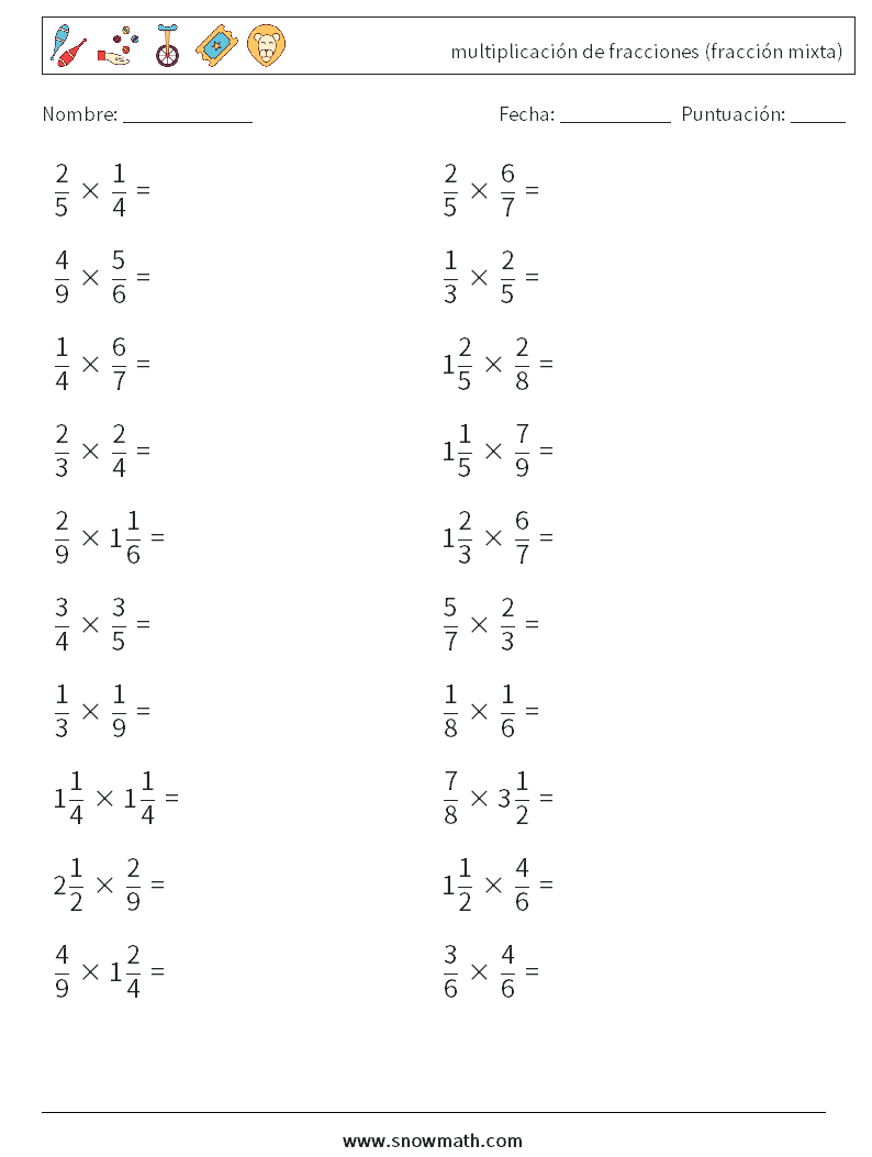 (20) multiplicación de fracciones (fracción mixta) Hojas de trabajo de matemáticas 14