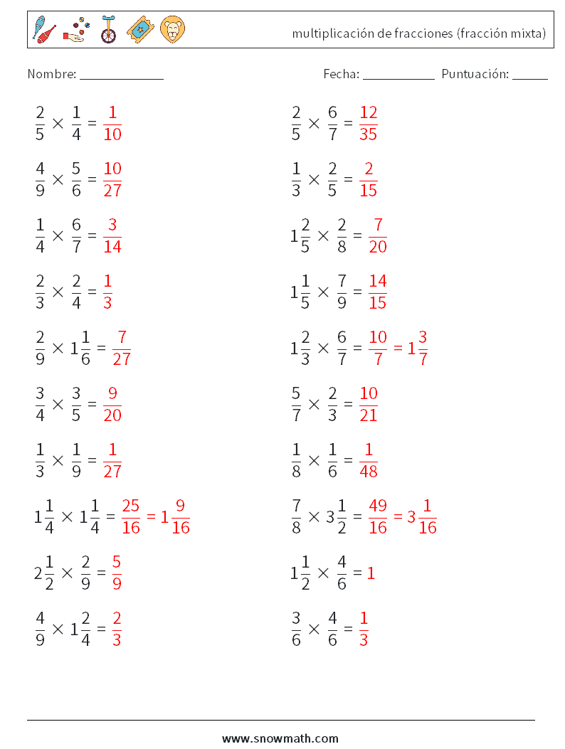 (20) multiplicación de fracciones (fracción mixta) Hojas de trabajo de matemáticas 14 Pregunta, respuesta