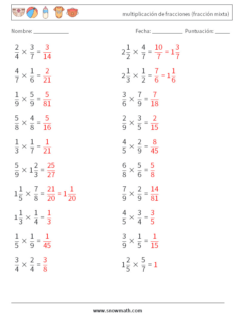 (20) multiplicación de fracciones (fracción mixta) Hojas de trabajo de matemáticas 15 Pregunta, respuesta