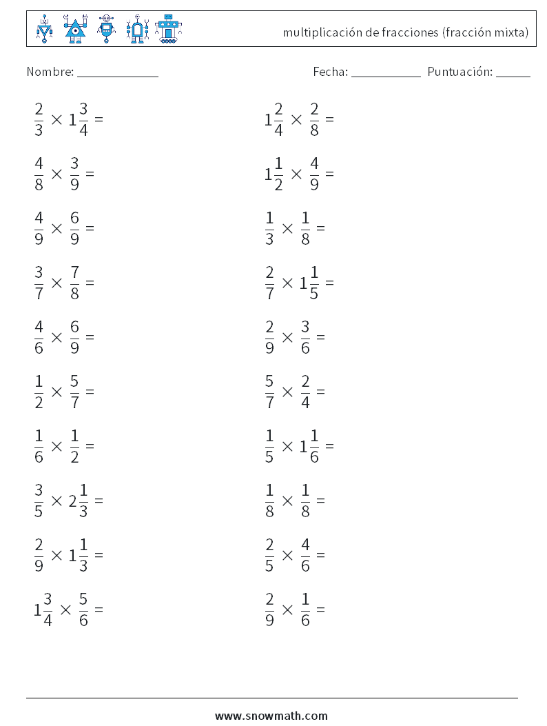 (20) multiplicación de fracciones (fracción mixta) Hojas de trabajo de matemáticas 16