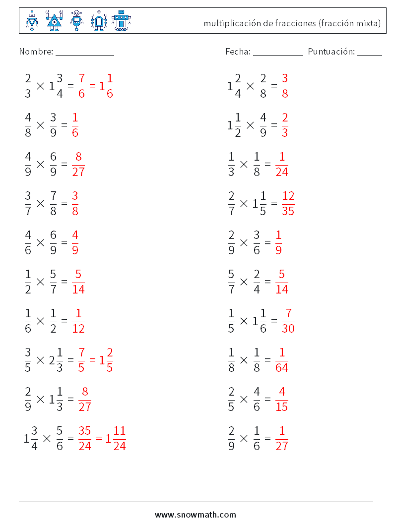 (20) multiplicación de fracciones (fracción mixta) Hojas de trabajo de matemáticas 16 Pregunta, respuesta
