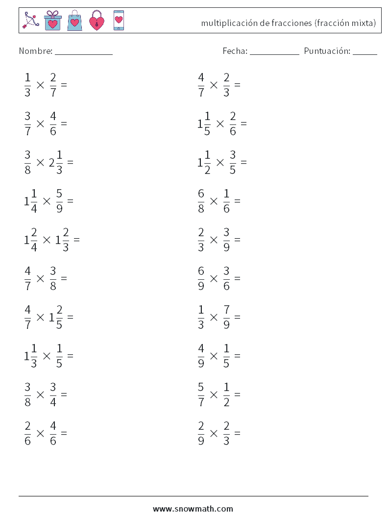 (20) multiplicación de fracciones (fracción mixta) Hojas de trabajo de matemáticas 17