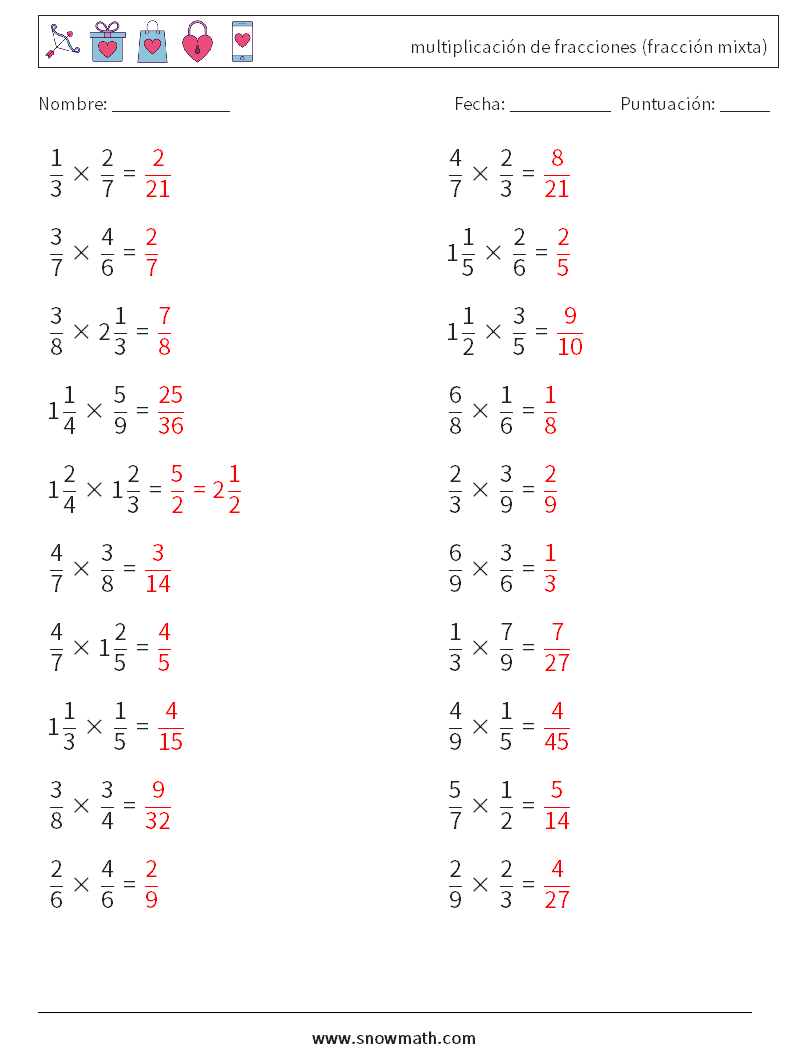 (20) multiplicación de fracciones (fracción mixta) Hojas de trabajo de matemáticas 17 Pregunta, respuesta