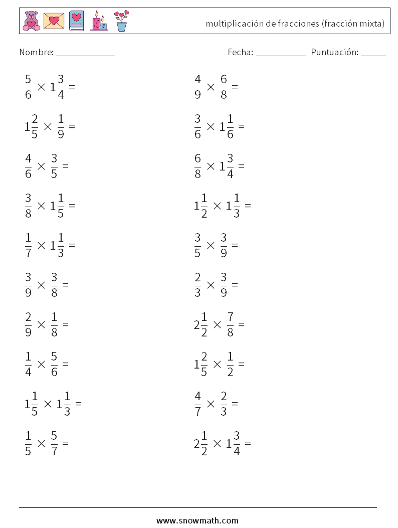 (20) multiplicación de fracciones (fracción mixta) Hojas de trabajo de matemáticas 18