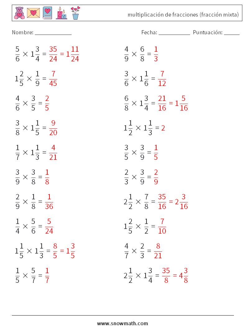 (20) multiplicación de fracciones (fracción mixta) Hojas de trabajo de matemáticas 18 Pregunta, respuesta