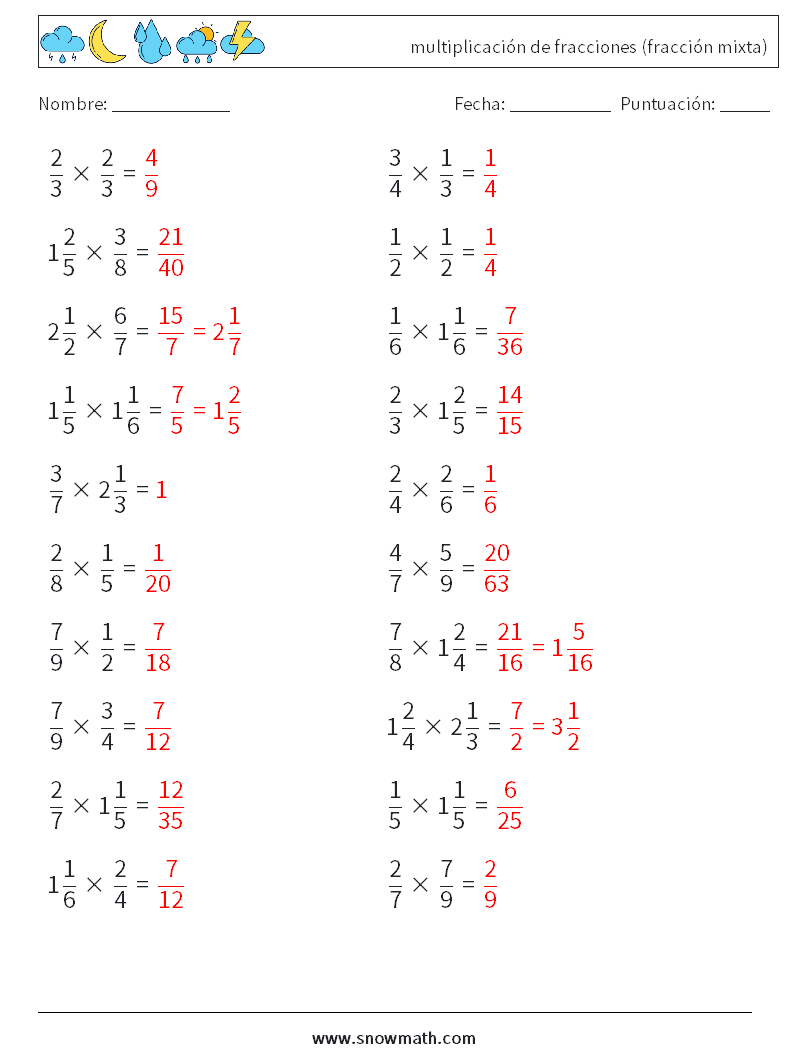 (20) multiplicación de fracciones (fracción mixta) Hojas de trabajo de matemáticas 1 Pregunta, respuesta