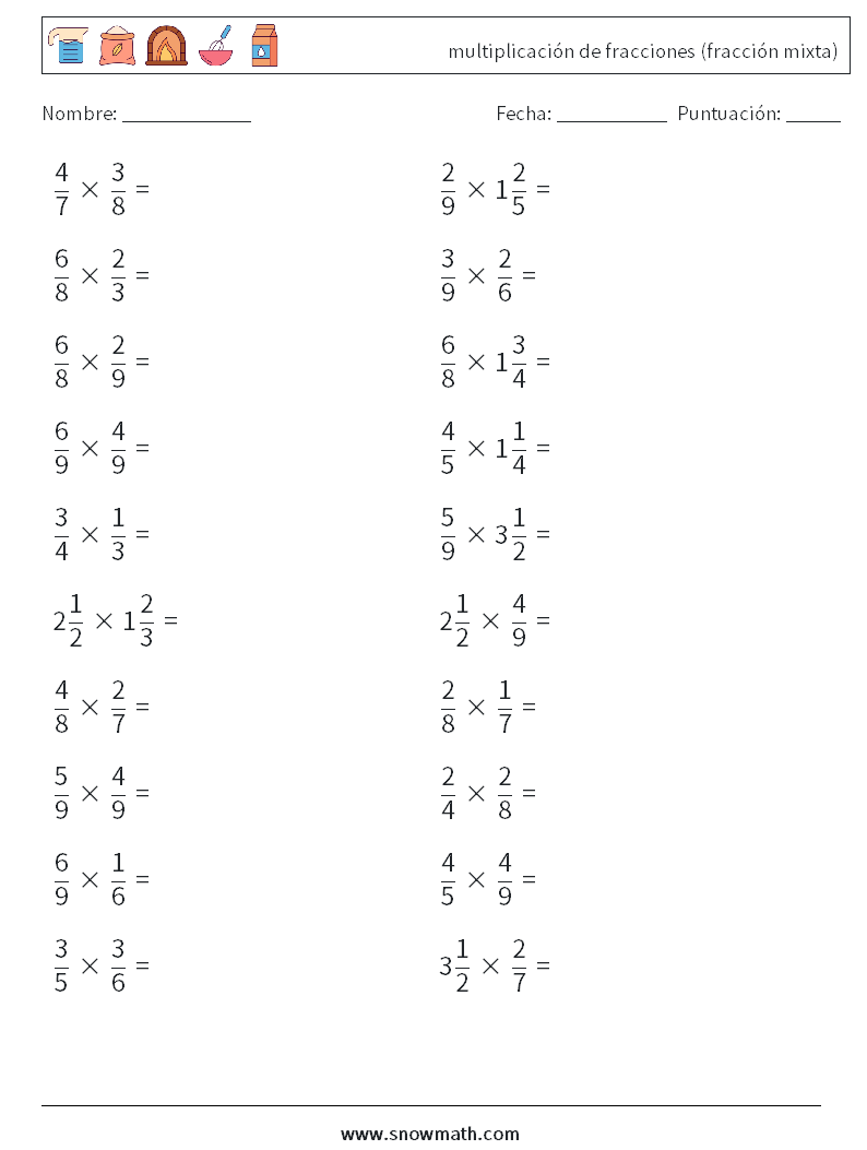 (20) multiplicación de fracciones (fracción mixta) Hojas de trabajo de matemáticas 2