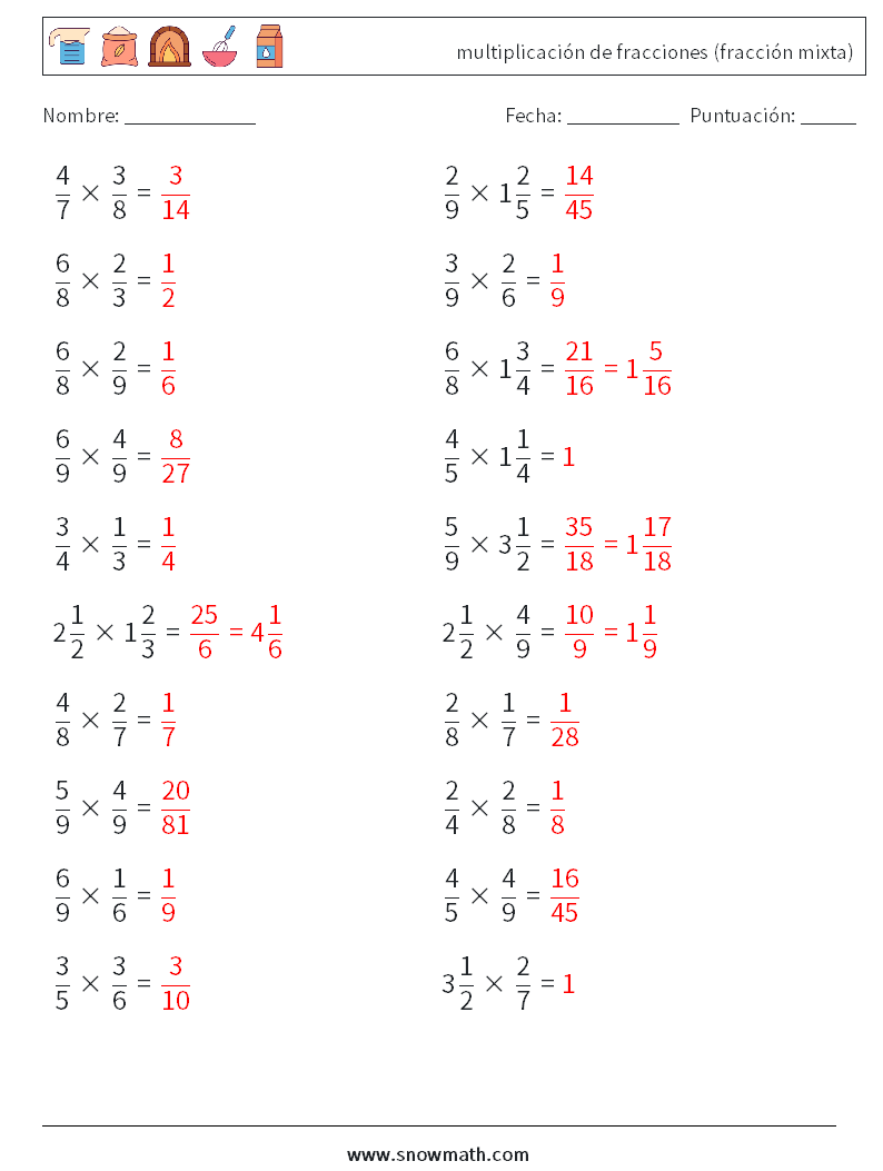 (20) multiplicación de fracciones (fracción mixta) Hojas de trabajo de matemáticas 2 Pregunta, respuesta