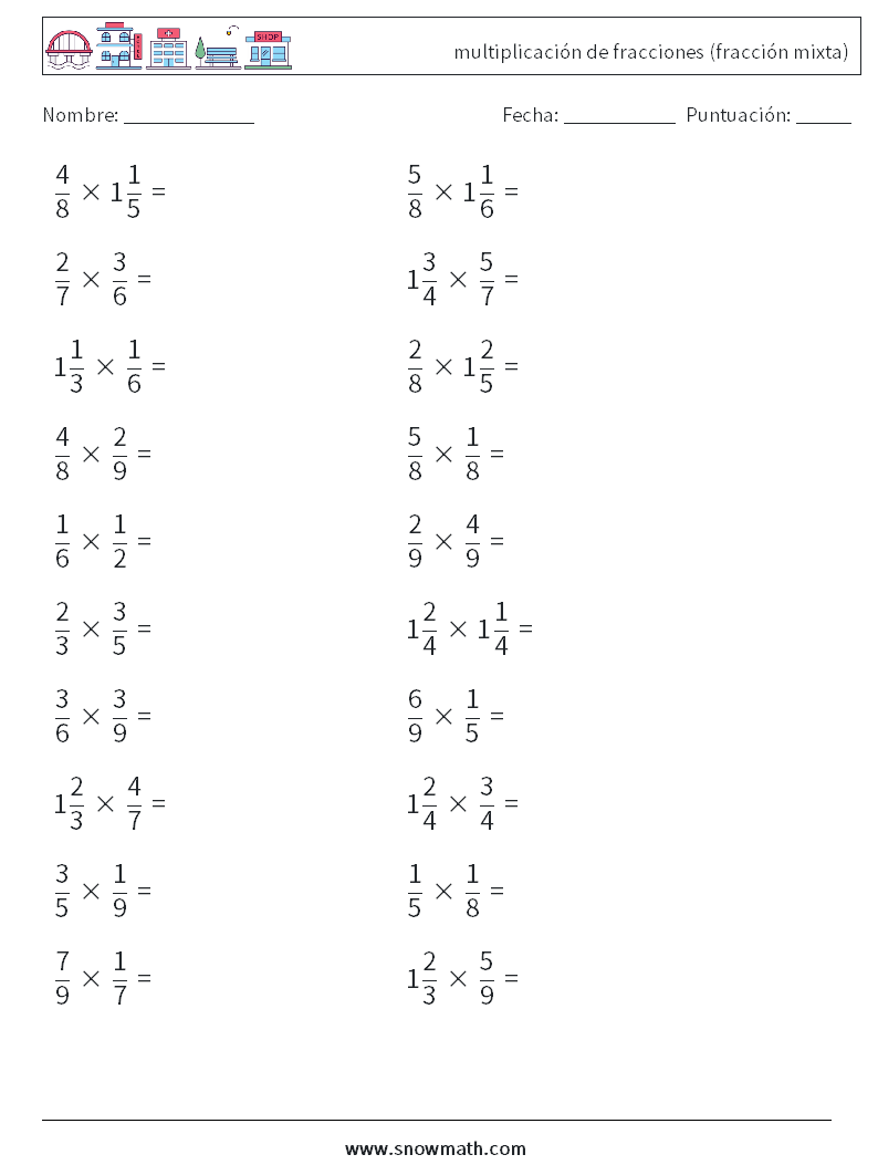 (20) multiplicación de fracciones (fracción mixta) Hojas de trabajo de matemáticas 3