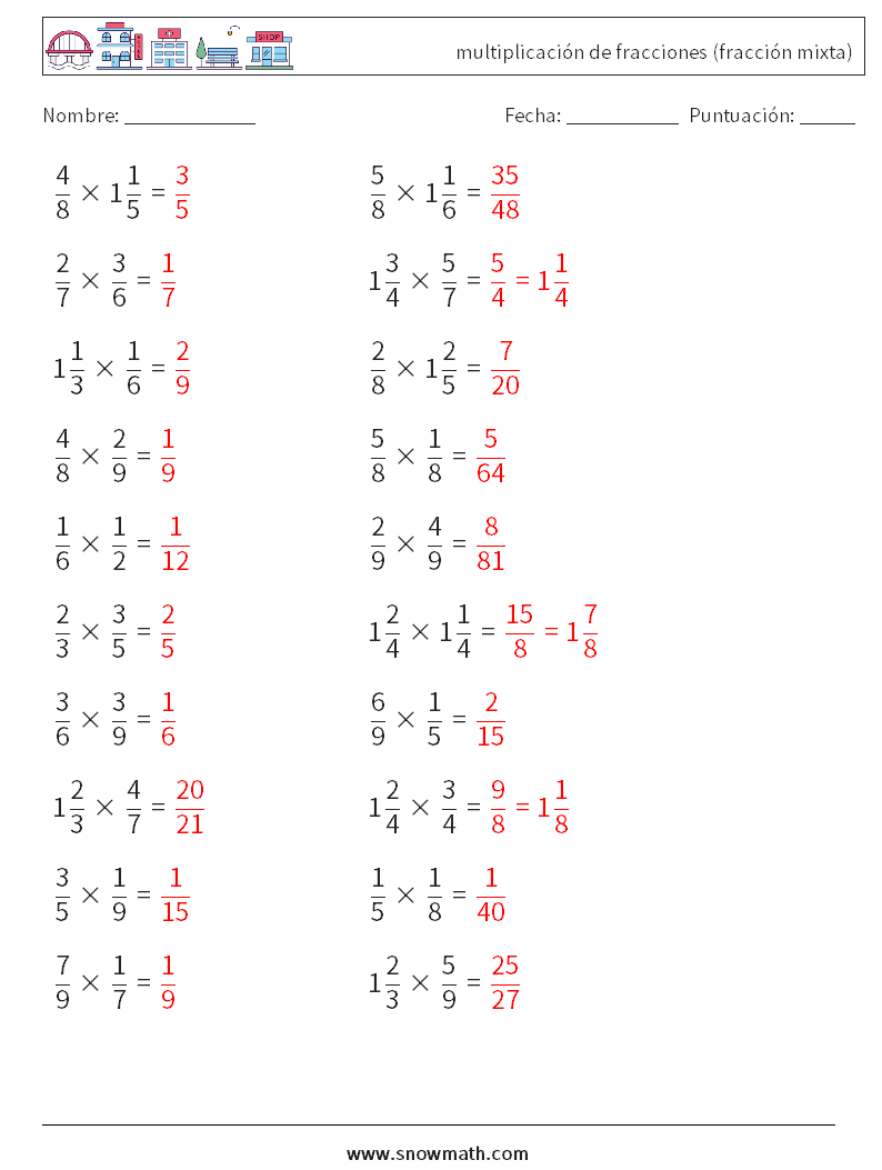 (20) multiplicación de fracciones (fracción mixta) Hojas de trabajo de matemáticas 3 Pregunta, respuesta