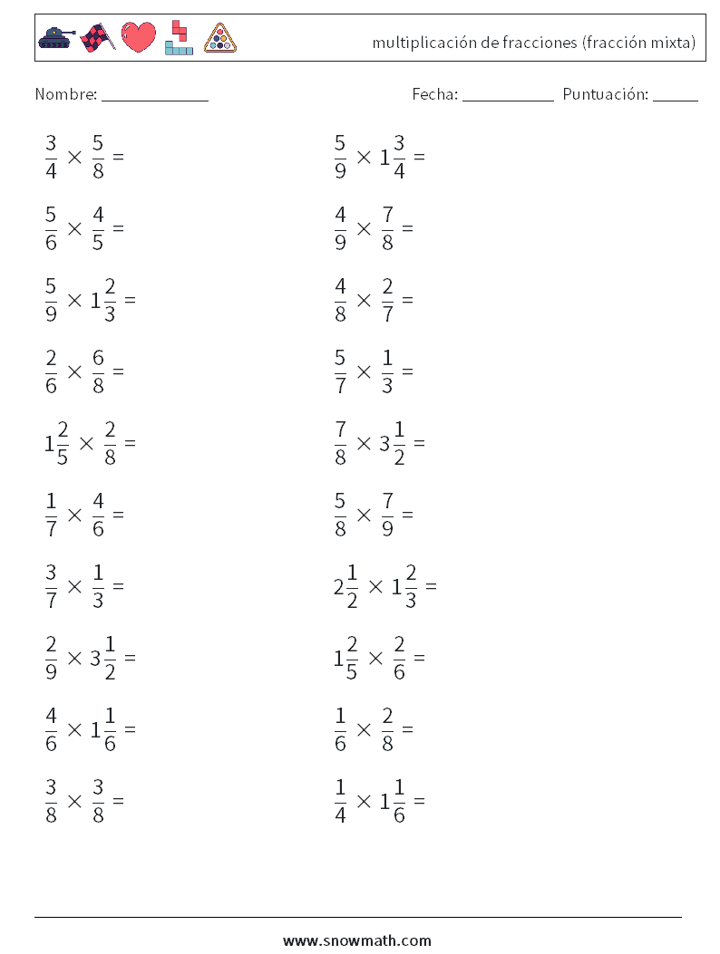 (20) multiplicación de fracciones (fracción mixta) Hojas de trabajo de matemáticas 4